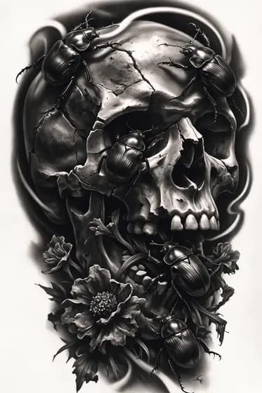 Dark realism skull tattoo design with beetles and rotten flowers
