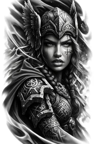Hyper-realistic black and grey valkyrie warrior tattoo design