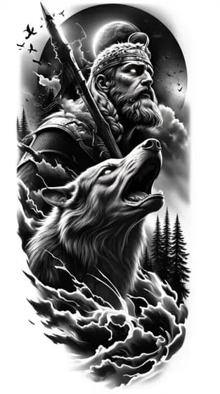 Realistic black and grey viking warrior in armor tattoo design