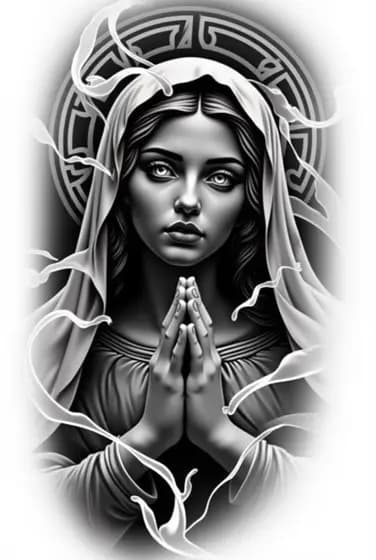 Black and grey Virgin Mary tattoo design