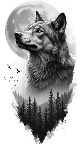 Wolf portrait with moon and forest double exposure tattoo design