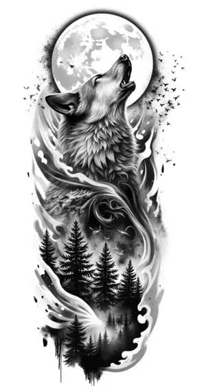 Howling wolf with full moon and forest tattoo sleeve design