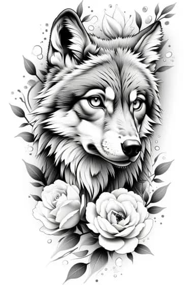 Neo-traditional wolf with roses tattoo design