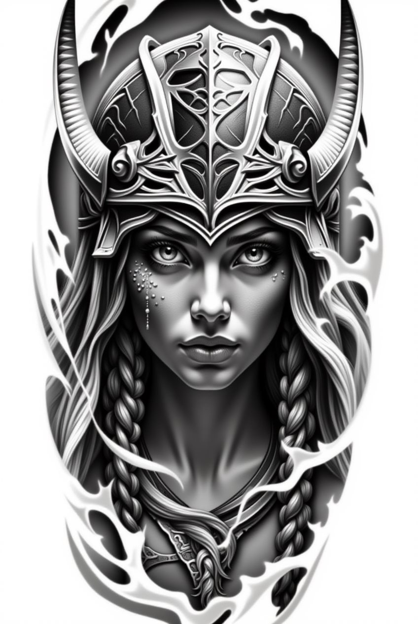 Original black and grey tattoo render of a valkyrie warrior